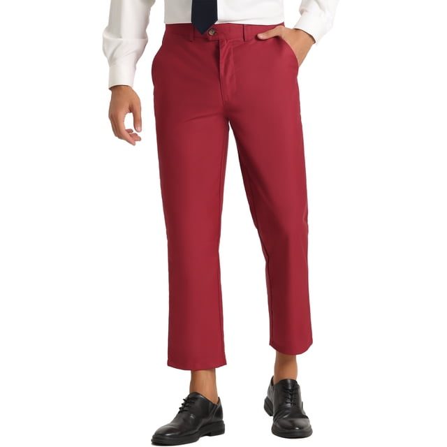 INSPIRE CHIC Men's Pants Solid Color Ankle Length Flat Front Trousers 32 Burgundy