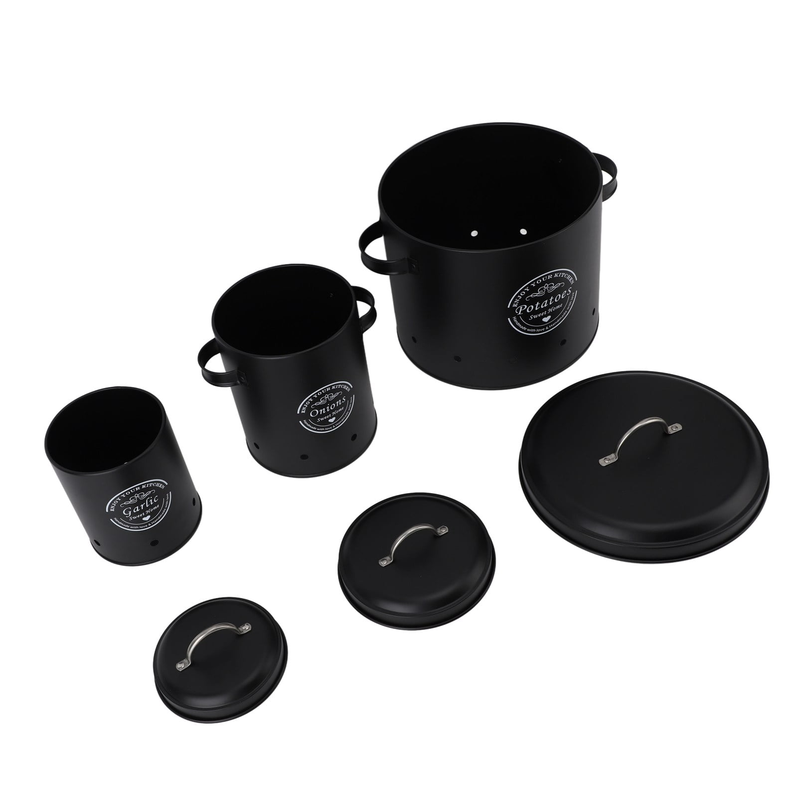 Potato Canisters, 3 Pack Farmhouse Onion Storage Bins Carbon Steel Garlic Containers for Countertop