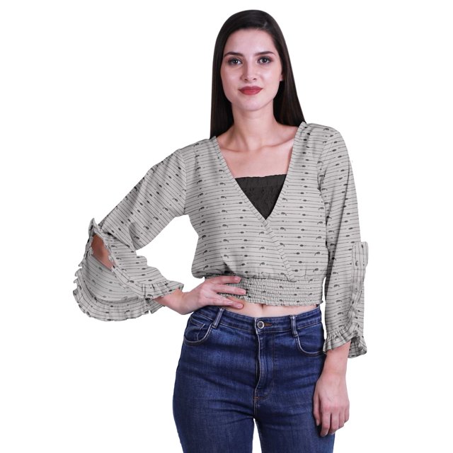 Moomaya Printed Womens Crop Top Wrap Style Top Wear Ruffle Long Sleeve Casual Summer Blouse