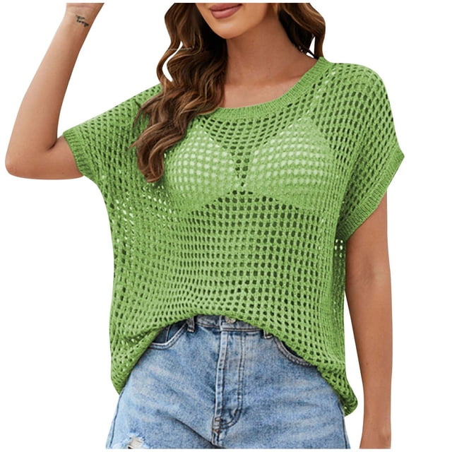 Yuyuzo Hauts au Crochet pour Femmes Manches Courtes Chemises d'Été Col Rond Chandail Ajouré à Enfiler Haut
