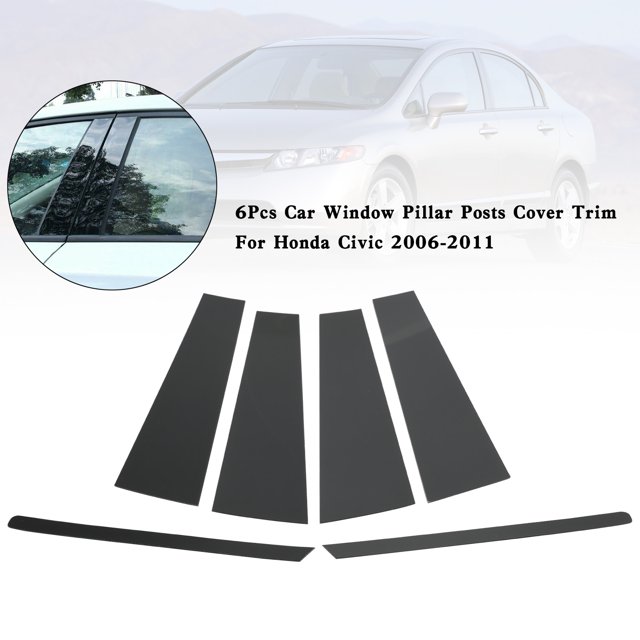 6Pcs Car Window Pillar Posts Cover Trim designed for Honda Civic models from 2006 to 2011. The set includes six black plastic trims shown in a front-facing layout, with a close-up inset of the installed trims on a car window. Suitable for direct replacement and made from lightweight, durable, and anti-rust material.