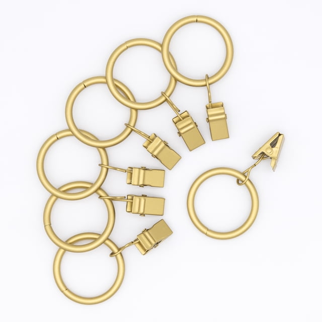 Mainstays 1" Gold Curtain Clip Rings (7 Pack) seven 1-inch metal clip rings with hinged spring clips and polished gold finish, for drapery hardware and curtain rods; compact set often used for hanging lightweight fabric panels or craft displays.
