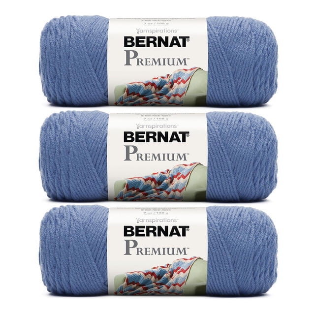 Bernat® Premium™ Yarn 3 Pack in medium worsted weight acrylic, each 7oz/198g with 360 yards, shown in blue with a soft texture and subtle 4-ply twist, machine washable and dryable, ideal for knitting and crochet projects including afghans and garments, also suitable for home decor crafts.