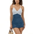 thumbnail image 4 of Xfvqtps Women One Piece Swimsuit Swim Dress Tummy Control Stripe Ruched Bathing Suits V Neck Ruffle Skirt Swimwear Blue, 4 of 7