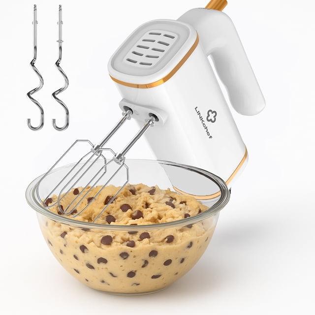 LINKChef Batteur à Main Électrique Filaire à 5 Vitesses en Blanc, Montré avec des Batteurs en Acier Inoxydable Attachés et Mélangeant la Pâte à Biscuits dans un Bol en Verre. Comprend Deux Crochets à Pâte et Deux Batteurs, Conçu pour Fouetter, Mélanger et Pétrir. Comprend un Moteur de 450 W, Cinq Réglages de Vitesse et une Fonction turbo pour un Mélange Efficace. Léger et Facile à Nettoyer avec des Accessoires Allant au Lave-Vaisselle.