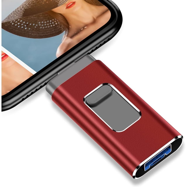 USB Flash Drive pour iPhone Clé USB 64 Go Clé Photo USB 3.0 Clé Mémoire à Fini Métallique Rouge Élégant, Connectée à un Téléphone Intelligent. Fonctionnalités Incluant des Vitesses de Lecture de 85 Mo/s et d'Écriture de 35 Mo/s, Compatibilité avec iPhone, Android et PC, et options de Chiffrement de Fichiers Sécurisées. Idéal pour le Stockage Externe et le Transfert de photos, Vidéos et documents.