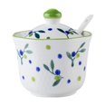 thumbnail image 1 of Hand Drawn Pattern Sugar Bowl With Lid, Ceramic Teacup Shape Sugar Pot, Coffee Accessories, Sugar Pourer, Kitchen Storage-Green Blue Plum-1, 1 of 8