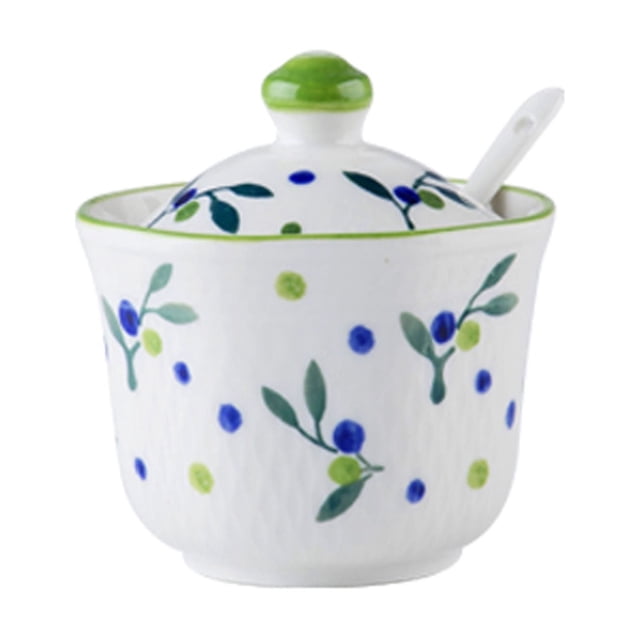 Hand Drawn Pattern Sugar Bowl With Lid, Ceramic Teacup Shape Sugar Pot, Coffee Accessories, Sugar Pourer, Kitchen Storage-Green Blue Plum-1