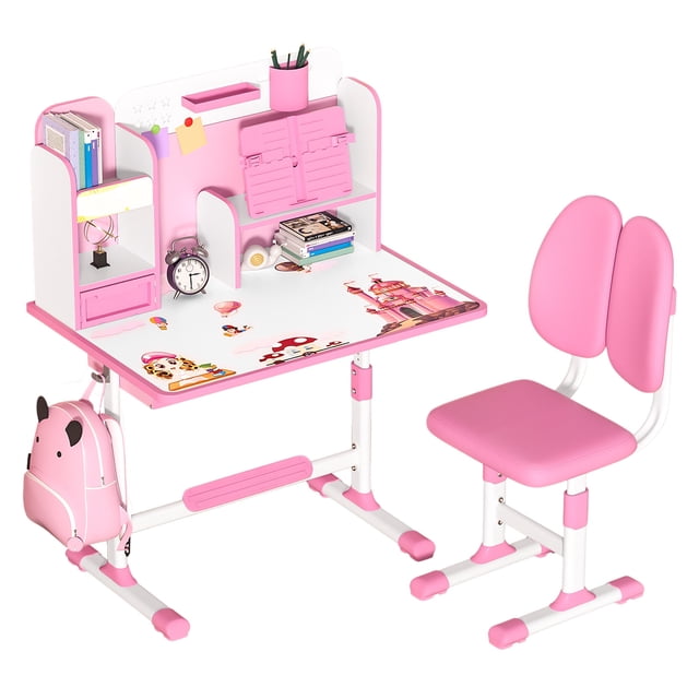 Ensemble de 2 Pcs/ensemble Bureau et Chaise d'Étude pour Enfants, Ensemble de Table et Chaise d'Étude Scolaire pour Enfants à Hauteur Réglable avec Correcteur de Posture Assise, Chaise de Bureau Ergonomique avec Support de Livre, Pédale, Conception à Cloison (Rose, Bleu)