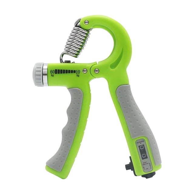 Strengthener Forearm Strength Trainer Adjustable Strength Training Hand Grip Strengthener for Arthritis. This hand grip features a bright green and grey design with an ergonomic handle made of PP, TPR, and manganese alloy. It includes an adjustable resistance dial ranging from 10 kg to 60 kg and a built-in counter for tracking repetitions. Ideal for improving grip strength, forearm endurance, and aiding arthritis therapy.