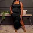 thumbnail image 2 of EQWLJWE Longue Robe pour Femmes Robe d'Été pour Femmes Mode Grande Taille Couleur Unie Col en U Sans Manches Plissée Extensible Fendue, 2 of 6