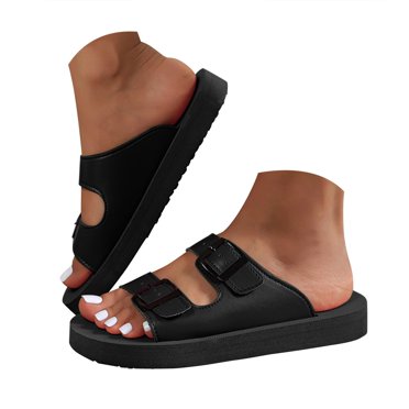 Dakaela Women's Platform Sandals Arch Support Foam Slip on Slides Two Buckle EVA Flat Sandal Black 9