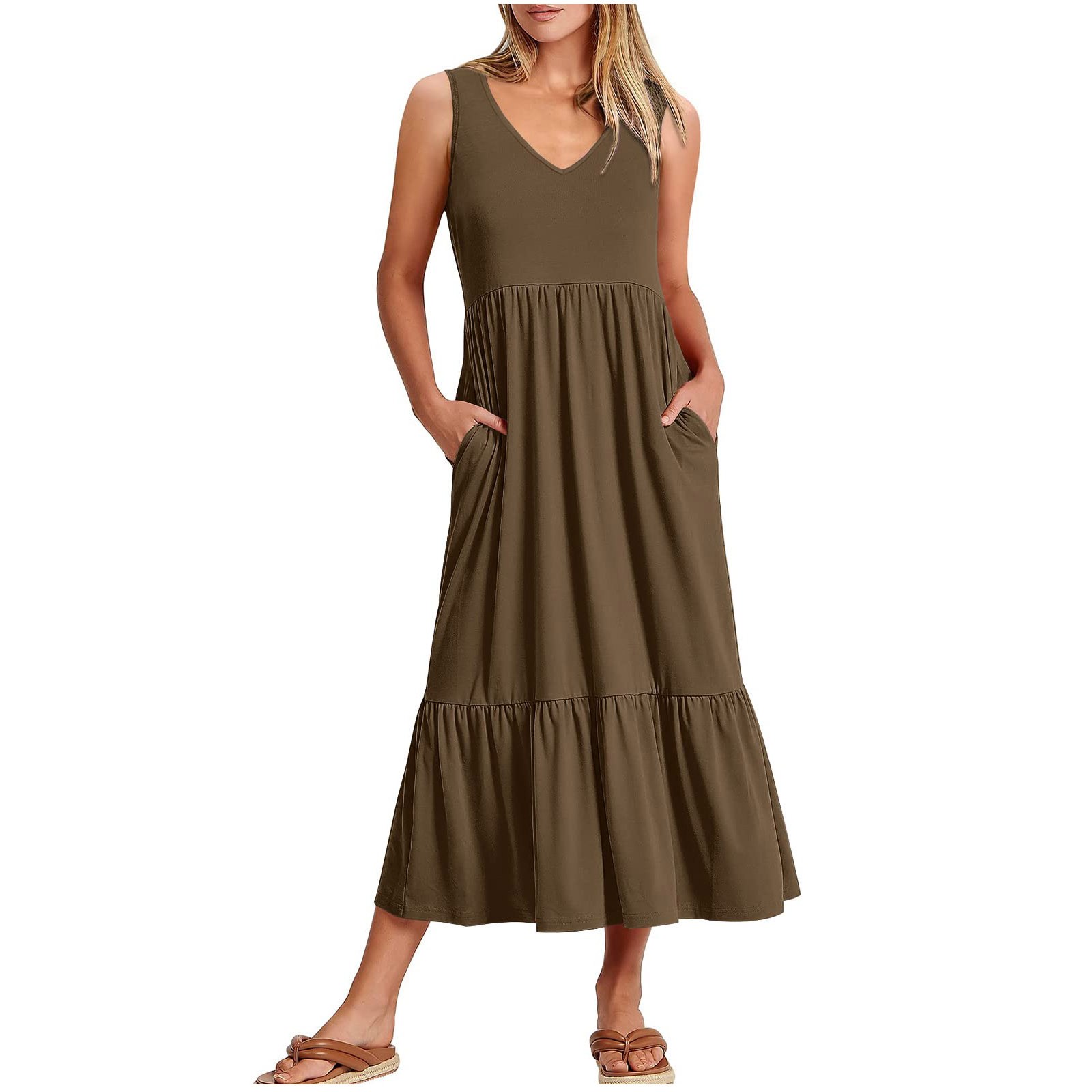 Robes d'Été pour Femmes 2023 Midi Mode Féminine Col en V Sans Manches Poches Unies Patchwork Robe Chandail Robes de Soirée pour Femmes Élégantes et Élégantes en Solde