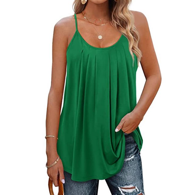 MAWCLOS Femmes Camisole Sans Manches Débardeurs Couleur Unie Cami de Base Porter Quotidiennement Pull Col Rond Vert 3XL