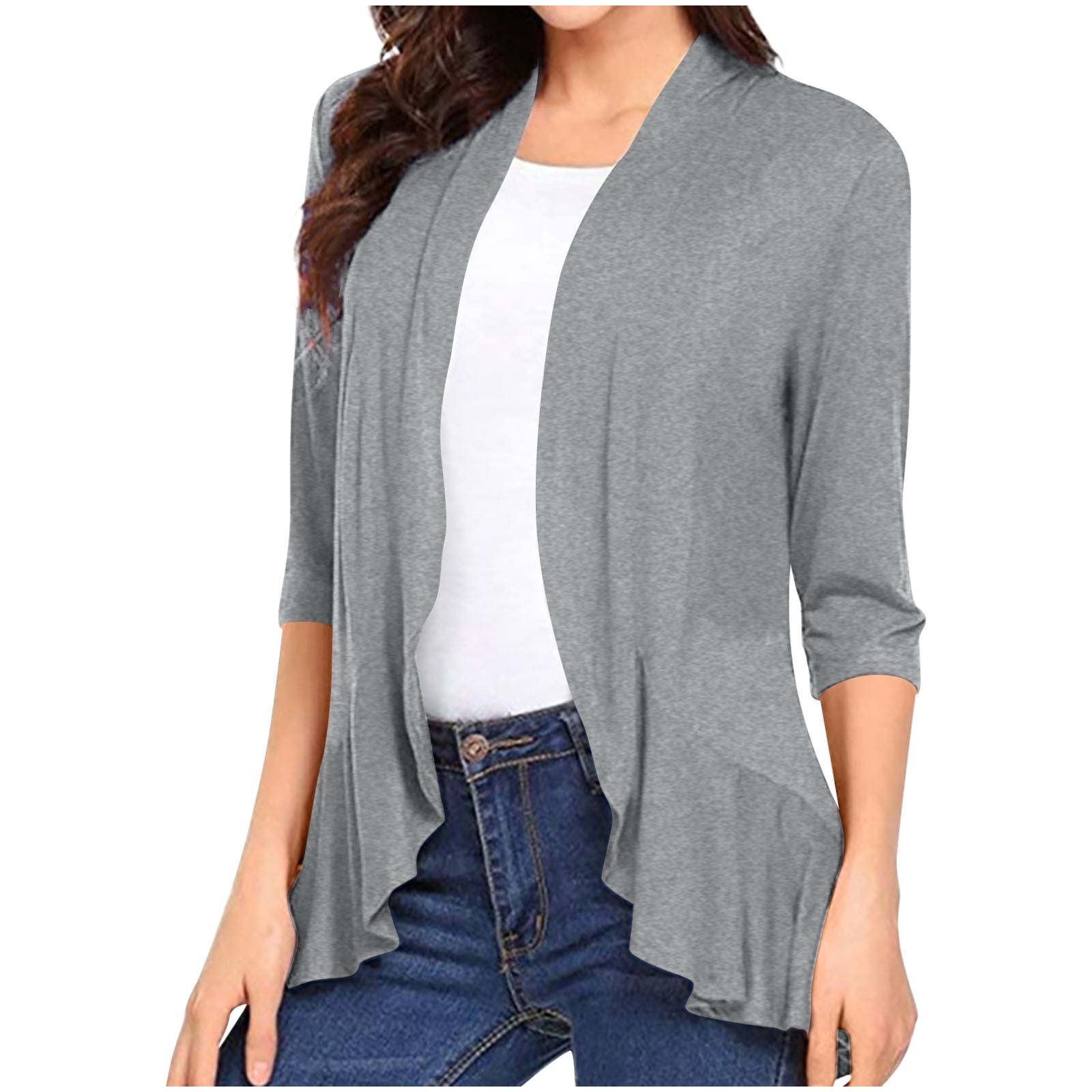 Aqestyerly Women's Ruffle Cardigan Top,Solid Color Soft Drape Nine-Quarter Sleeve Lightweight Outerwear HWRETIE