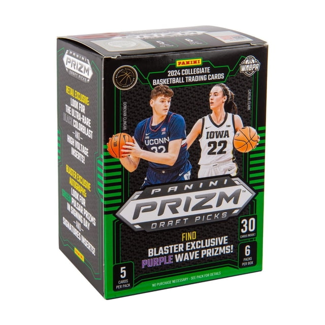 2024-25 Panini Prizm Draft Picks Collegiate Basketball Trading Cards Blaster Box displaying two basketball players in UConn and Iowa jerseys, highlighting blaster exclusive Purple Wave Prizms, containing 30 cards with 6 packs per box and 5 cards per pack, ideal for collectors of draft-eligible collegiate basketball parallels and autographs.