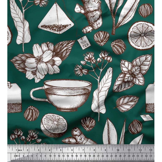 Soimoi polyester Crepe Fabric Tea Cup,Lemon Slice & Ginger Vegetable Print Sewing Fabric Yard 52 Inch Wide