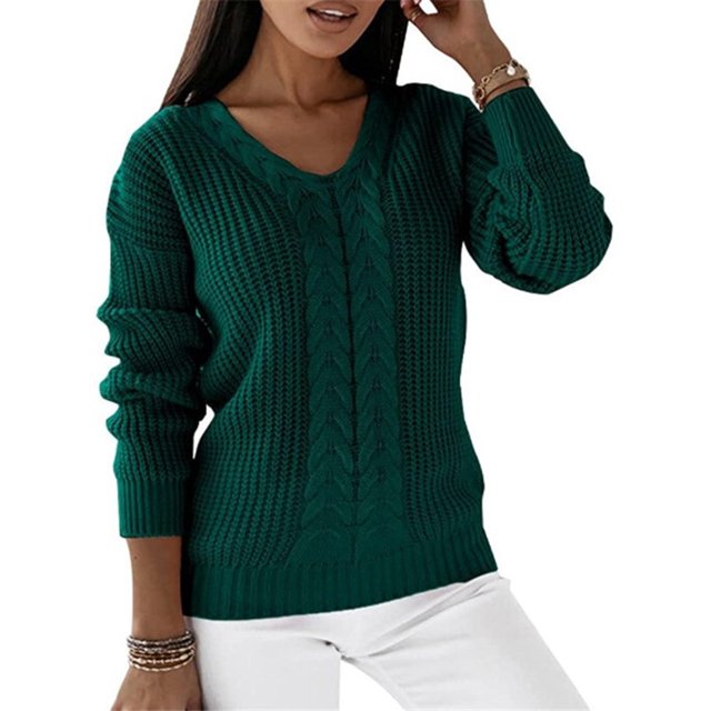 LUXUR Women Chunky Knitted Sweaters Knitwear Chic Pullover Green L