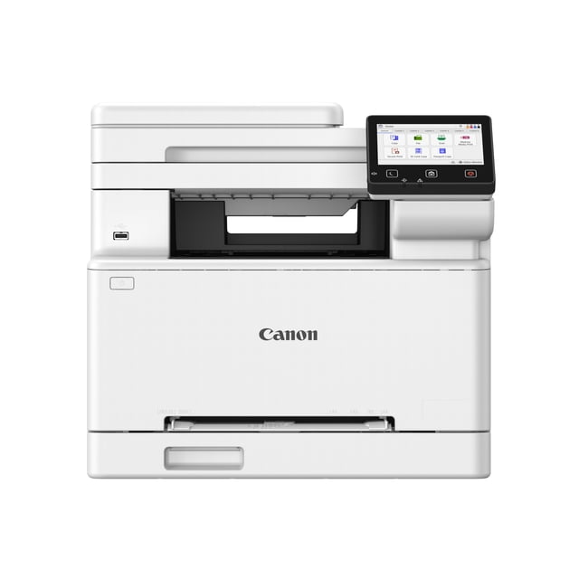 Canon Color imageCLASS MF663Cdw all-in-one wireless laser printer in white, front view showing a 5-inch color touch LCD, USB port, and paper tray, featuring duplex printing, multifunction use, and wireless mobile printing support suitable for office environments.