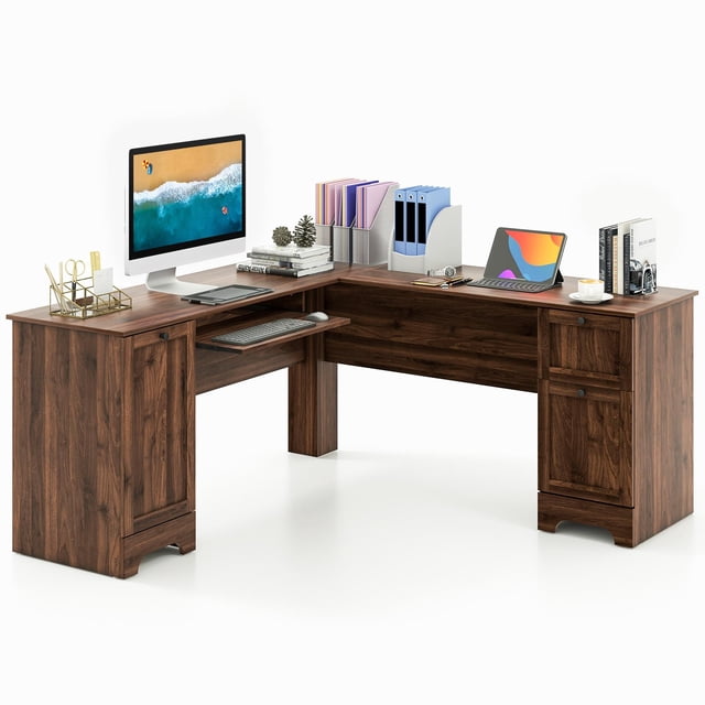Giantex L-Shaped Office Desk in walnut finish, featuring a space-saving corner design with a large desktop, two wide drawers, a door cabinet, and a slide-out keyboard tray. The desk includes a 3-position adjustable shelf for flexible storage and is made of engineered wood and MDF for durability. Suitable for home offices, bedrooms, or living rooms, it offers ample space for organizing books, office supplies, and electronics. Dimensions: 66.5 inches by 66.5 inches by 30.5 inches.