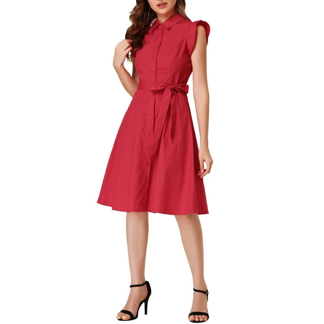 INSPIRE CHIC Robe-Chemise pour Femme Manches Cap Pointes Col à Pointes Taille à Nouer Boutons Mi-Longue Rouge TP