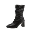 thumbnail image 1 of Black Mid Calf Boots For Ladies Pointed Toe Rear Zipper Chunky Heel High Heel Pleated Winter Casual Shoes For Cold Weather Outings Size 41, 1 of 6