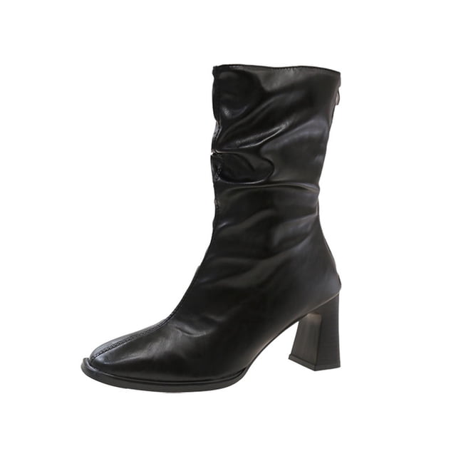 Black Mid Calf Boots For Ladies Pointed Toe Rear Zipper Chunky Heel High Heel Pleated Winter Casual Shoes For Cold Weather Outings Size 41