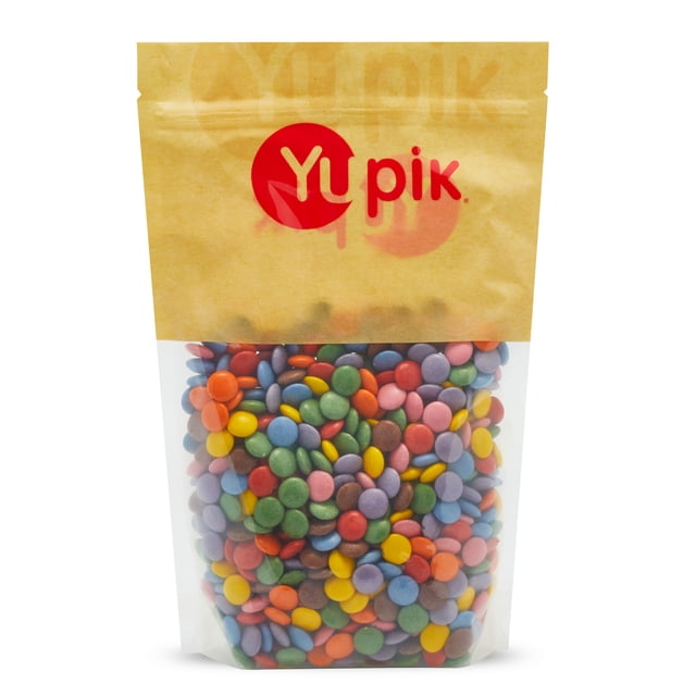 Nestle Smarties, 1Kg, packaged in a resealable Yupik-branded pouch with a clear bottom showcasing multicoloured candy-coated milk chocolate pieces. The kraft paper top features a red Yupik logo. Perfect for bulk candy storage or portion-controlled snacking.