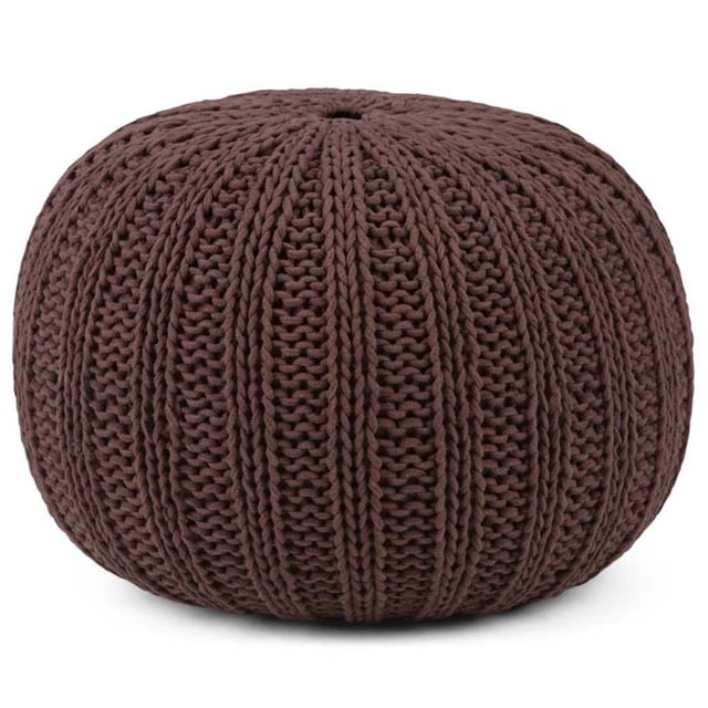 Simpli Home Shelby Boho Round Hand Knit Pouf in Chocolate Brown Cotton