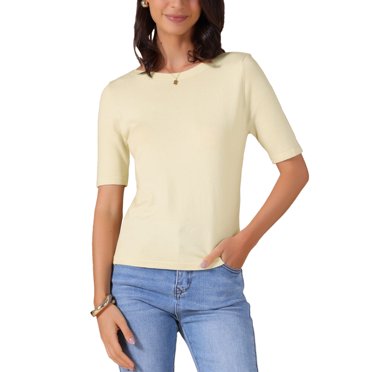 INSPIRE CHIC Women's Short Sleeve Shirt Boat Neck Lightweight Stretchy Basic Knit Casual T-Shirt Top M Beige