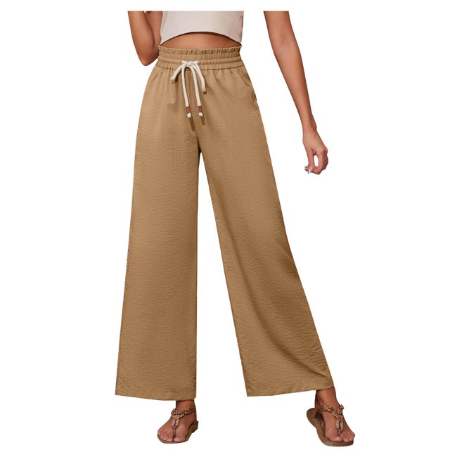 Timegard Womens Wide Leg Pants Elastic High Waist Drawstring Solid Color Beach Travel Casual Loose Pants