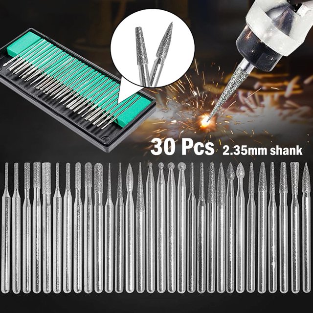 Ensemble de 30 Pcs Fraises Diamant Tige 2.35mm avec Boîte pour Outils Électriques