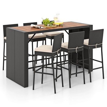 Costway 7 Pieces Patio Bar Set with Acacia Wood Tabletop & Removable Cushions Outdoor