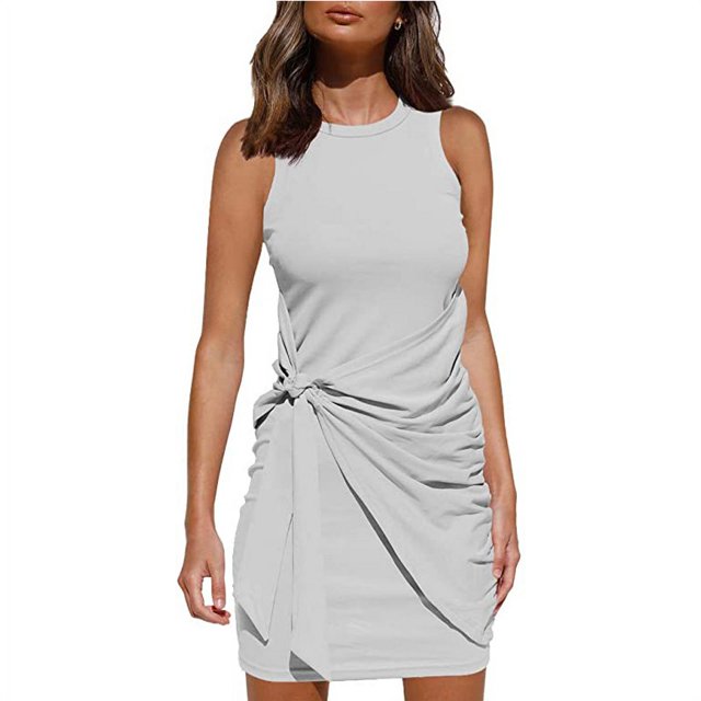 Robe d'Été Sans Manches pour Femmes avec Ceinture Irrégulière Col Rond Aguichant Mini Robe Moulante