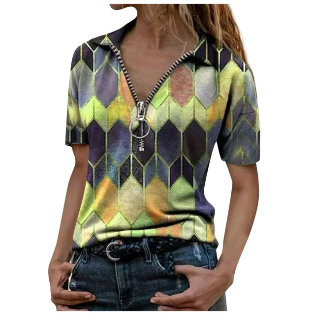 AMERTEER Mode Femmes Été Imprimé Manches Courtes Fermeture Éclair Col à Revers T-Shirt Tops T-Shirt pour Femmes