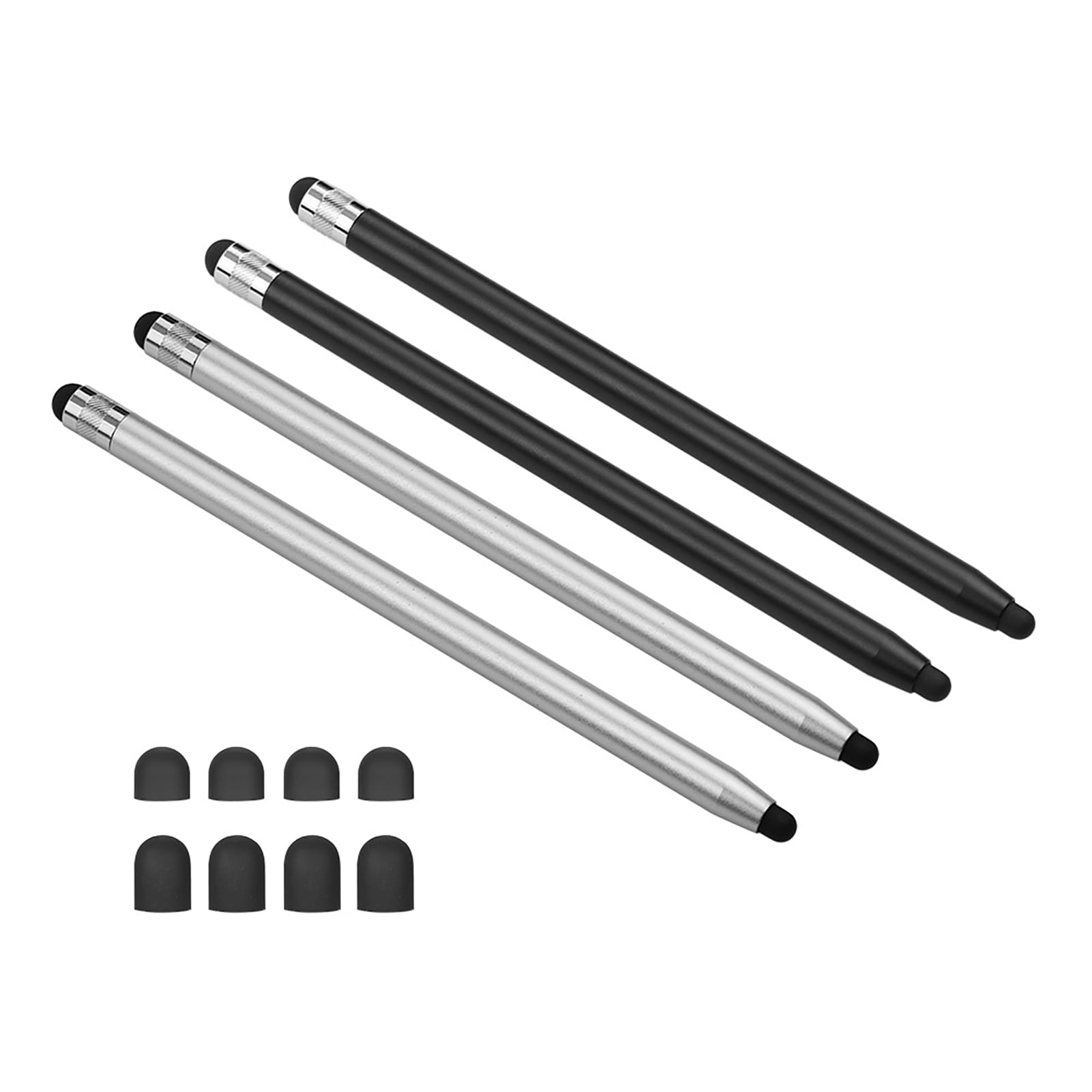 2-in-1 Universal Touchscreen Stylus Pen for All Touchscreen Tablets and Phones with 8 Replaceable Soft Rubber Tips, 4-Pack, 2 Black/2 Silver