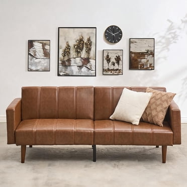 75" Futon Sofa Bed Mid-Century Modern Futon Couch, PU Leathe Convertible Sleeper Couch with Adjustable Backrest, Loveseat and Side Pockets for Living Room, Brown