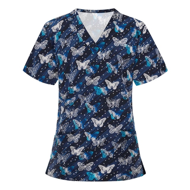 LSLJS Fashion Woman Short Sleeve V-Neck Printing Blouse Causal Pullover Pockets Tops, Womens Plus Scrubs