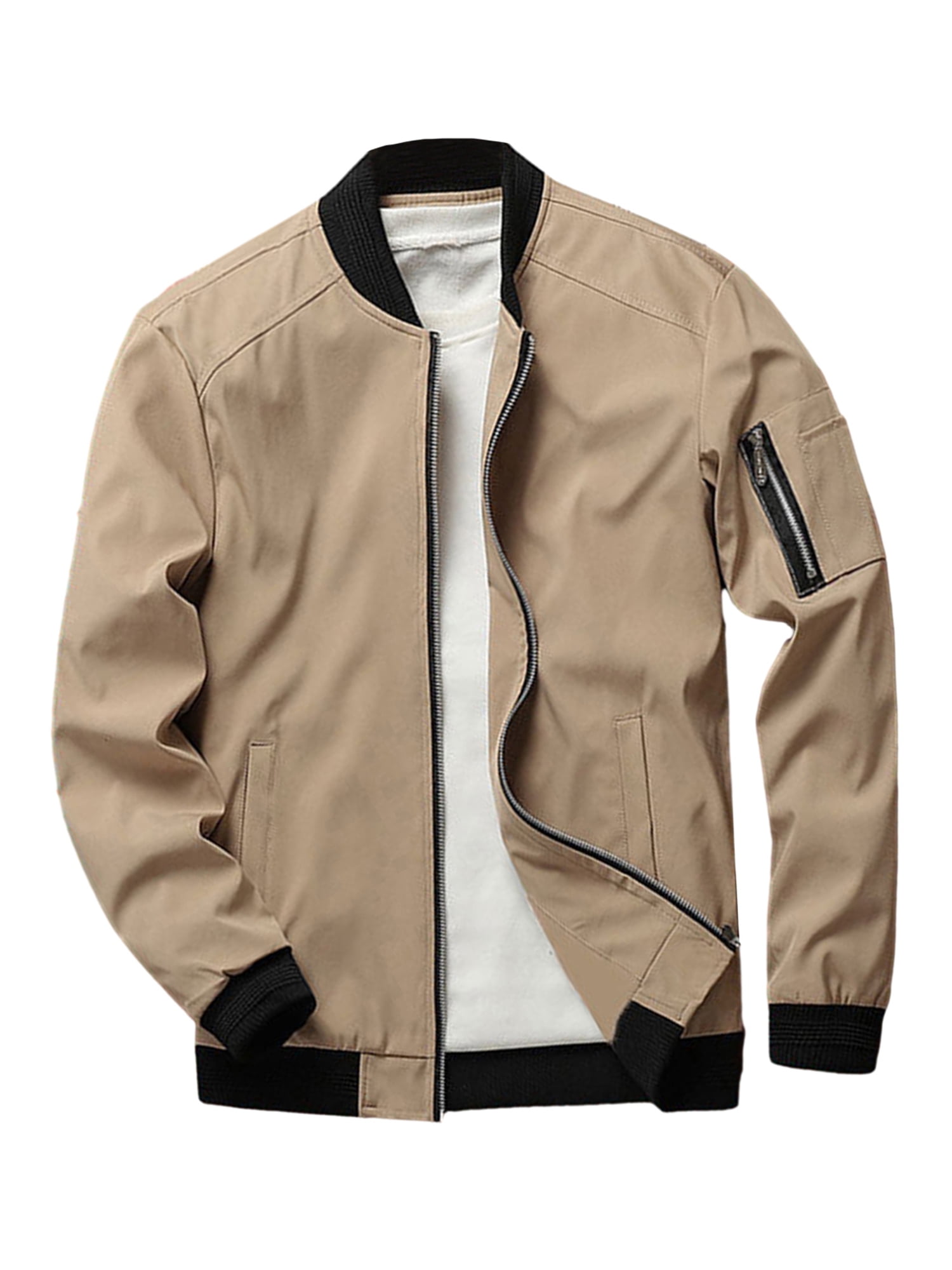 FAROOT Men's Bomber Jackets Solid/Contrast Color Stand Collar Long Sleeve Zip Front Coat