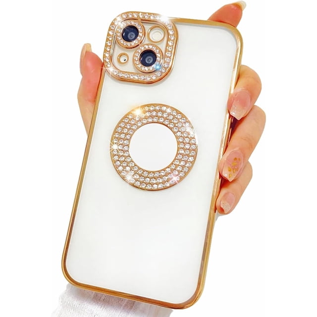 Supershield iPhone 15 Pro Max Case, Camera Protection with Glitter Sparkle Diamond Bling Rhinestone Shiny Cute Cover with Logo View Case Compatible with iPhone 15 Pro Max - Gold