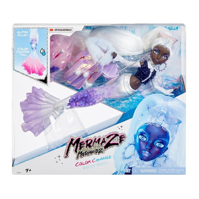 Mermaze Mermaidz™ Winter Waves Crystabella™ Mermaid Fashion Doll in packaging with glitter-filled tail featuring purple snowflake-shaped glitter and a color-changing fin that shifts from glossy ombre purple to ombre pink in cold water. The doll wears a long sleeve crop top, iridescent jacket with faux fur hood and pom pom drawstrings, hoop earrings, choker necklace, glasses, and a crossbody purse. Accessories include a shell phone, mug, and faux makeup. Crystabella has long icy white hair styled in a high ponytail with tinsel, glass inset eyes, real eyelashes, and multi-colored eyeshadow. The doll is articulated at neck, shoulders, elbows, wrists, torso, waist, and fin, and includes a display stand, ideal for imaginative play and collection.