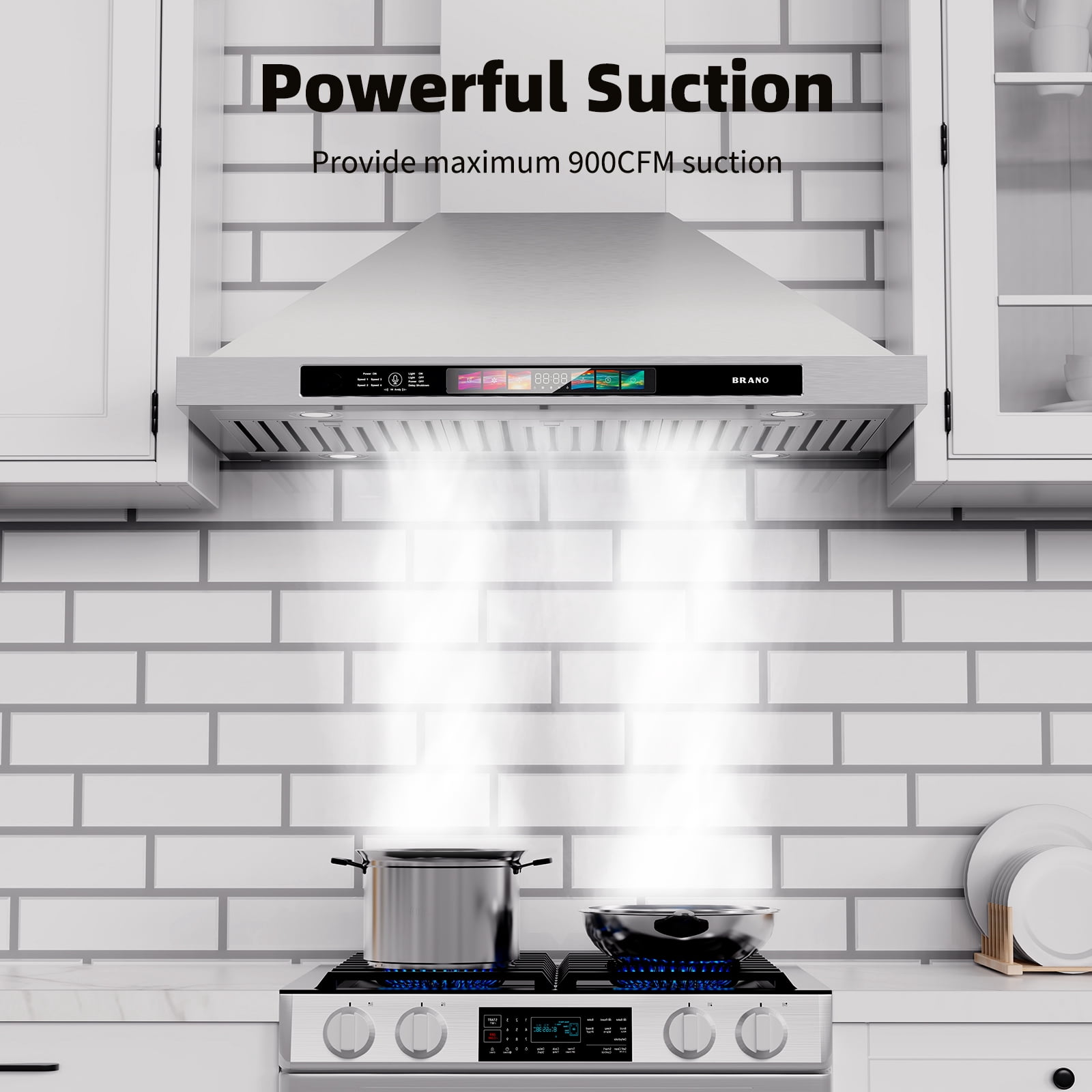 Brano 36 Inch Stainless Steel Wall Mount Range Hood, 900 CFM, Convertible with LED Lights and Charcoal Filter