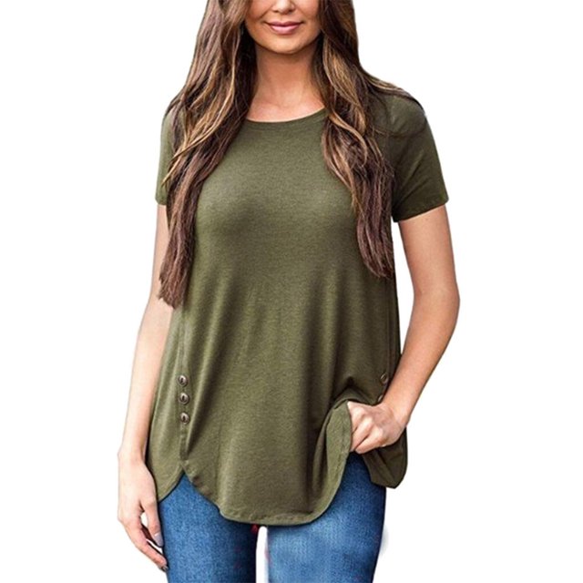 Femmes T-shirt Couleur Unie Haut Col Rond Manches Courtes Femmes Chemisier, Vert Armée, XL