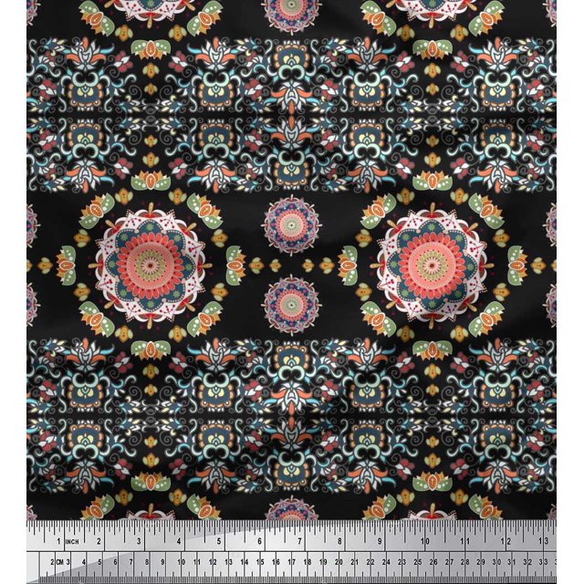 Soimoi Japan Crepe Satin Fabric Floral Mandala Decor Fabric Printed Yard 42 Inch Wide