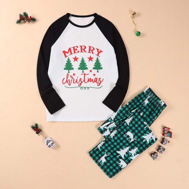 Pyjamas pour Femmes Tenue Parent-Enfant Costumes de Noël Patchwork à Carreaux Imprimés Vêtements d'Intérieur Col Rond Manches Longues Pyjamas Ensemble Deux Pièces pour Maman Pyjamas Grande Taille en Liquidation