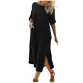 thumbnail image 2 of SMihono Robe Maxi Bohème d'Été pour Femmes Grande Taille Mode d'Été pour Femmes Couleur Unie Col Rond Manches Mi-Longues Robe en Coton Lin Robe de Plage, 2 of 8