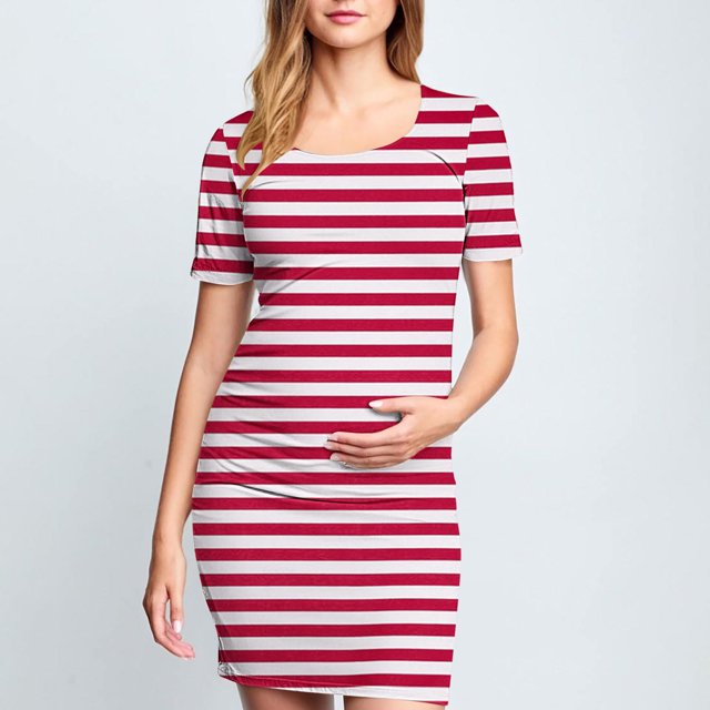 Ovzne Robes pour Femmes Robe Femme Jupe de Maternité Plissée Imprimée à la Mode pour Femme à Manches Courtes Col Rond Robe Mi-Mollet Robe de Vacances à Manches Courtes Imprimée Liquidation