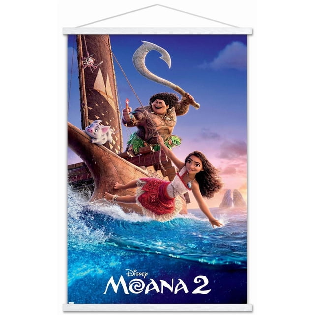 Disney Moana 2 - One Sheet Wall Poster, 22.375" x 34" framed, depicting Moana in Polynesian dress reaching over ocean waves from a wooden boat with Maui holding a large fish hook, accompanied by a pig and rooster, set against a sunset sky with distant rocky islands, suitable for wall art in bedrooms or living spaces.