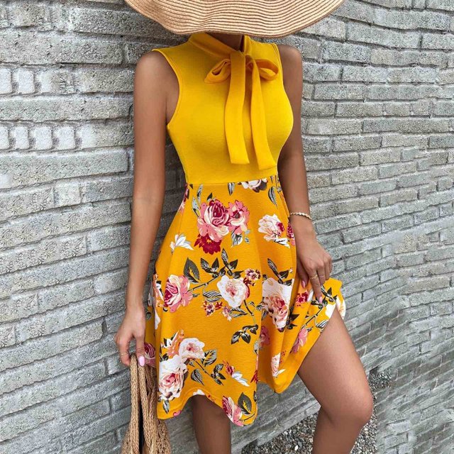 HKEJIAOI Robe Fleurie pour Femmes Robe d'Anniversaire Mode pour Femmes Col Rond Sans Manches Taille Haute Imprimée avec Nœud Robe Trapèze Économies Liquidation Jaune