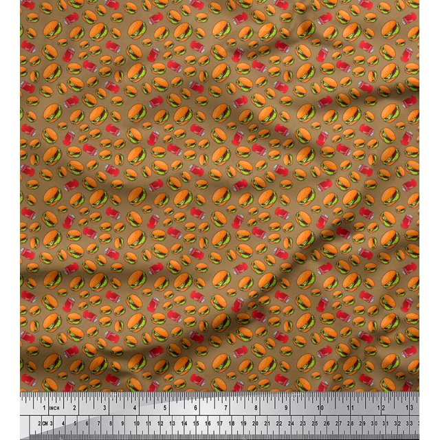 Soimoi Polyester Crepe Fabric Coke & Burger Food Printed Fabric 1 Yard 52 Inch Wide